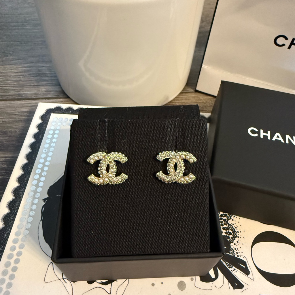 Chanel 2024 Gold Cc Crystal Faux Pearl Statement Earrings